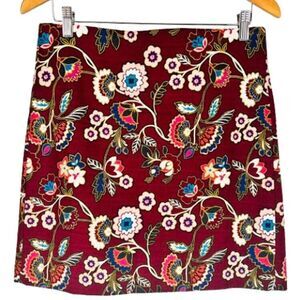 Ann Taylor Loft Skirt 6 Burgundy White Bold Floral Linen Texture Cotton Stretch